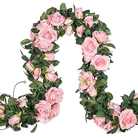 Meiliy 5 Pack 6.6 FT Artificial Flower Garland,Fake Pink Rose Hanging Flower Vines for Home Wedding Party Decor Cover