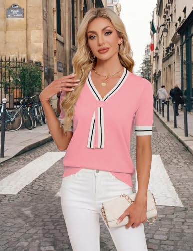 Image of Libsorge Womens Lightweight Cute Bow Tie Sweater Spring 2026 Business Casual Outfits V Neck Short Sleeve Tops