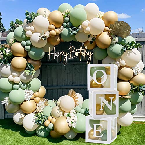 1st Birthday Decorations for Boys - 3pcs One Balloon Boxes with 112pcs Green Gold White Balloons for First Birthday Decoration Baby Boys Girls, Wild One, 1 One Year Old Birthdays Party Supplies