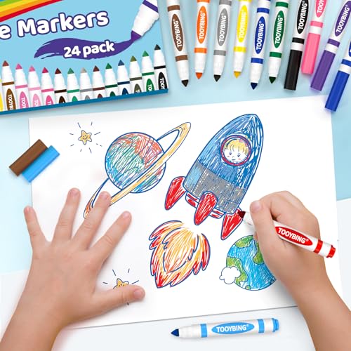 Image of 24 Count Washable Markers for Kids, Broad Line Markers with Conical Tip, Assorted Colors, Drawing Essentials for School Classroom, Student Teacher Must Have for Coloring Book, Art & Craft Supplies