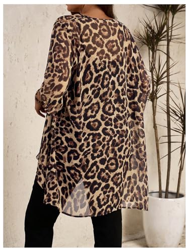 OYOANGLE Women's Plus Size Cheetah Print Kimono Cardigan Open Front Asymmetrical Hem Beach Cover Up3
