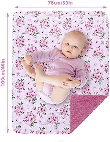 LAT Minky Baby Blanket for Boys and Girls Warm Thick Minky Dot Baby Blanket Soft Plush Receiving Gift for Newborns Toddlers Swaddling Flower Printed + Dot Backing (Flower)