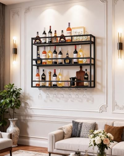 Modern LED Wine Rack Wall Mounted with Bottle Glass Holder, 100 cm 3-Tiers Metal Liquor Floating Shelves, Wall Bar Shelf for Home, Commercial Bar, Kitchen Storage Display, Black - Image 5