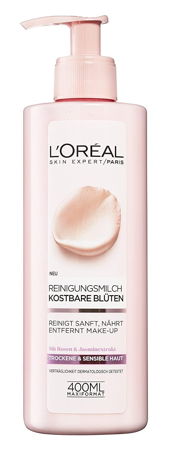 L'Oréal Paris Reinigungsmilch für Frauen: entfernt Make-Up sanft und verleiht ein weiches Haut-Gefühl mit Rosen- und Jasminextrakten, Kostbare Blüten, 1x 400ml