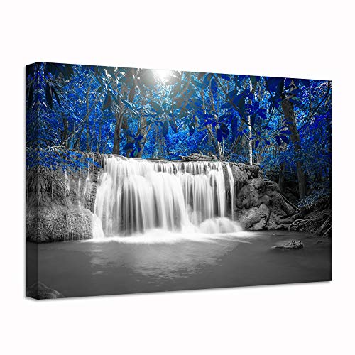Nachic Wall Forest Pictures Canvas Print Black And White Blue Waterfall Landscape Photo Painting Wall Art For Home Living Room Bedroom Decorations Stretched Framed Ready To Hang 24X36 #TOP17