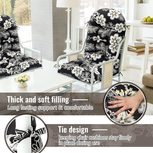Image of Geelin 4 Pcs Outdoor Patio Chair Cushion Thick High Back Adirondack Chair Cushion Tufted Weather & Fade Resistant Anti-Slip Outside Rocking Chairs Pads with Ties 44 x 19 x 4 Inch (Onyx Ivory Bloom)