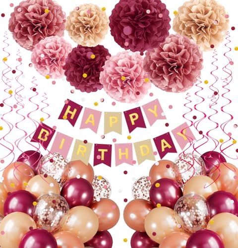 Pink Burgundy Birthday Decorations Kit with Balloons, Tissue Paper Pom Poms, Happy Birthday Banner, Paper Confetti & Hanging Swirl Birthday Party Decoration