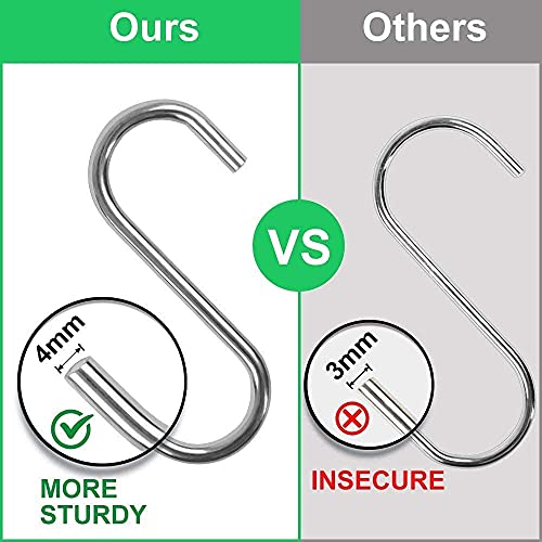 Image of S Hooks for Hanging - S Shaped Heavy Duty Stainless Steel S Type Cap Hook 3.25 Inch (4mm) Long Extension for Clothes, Wardrobe, Kitchenware, Office, Bathroom, Plants, Pots - Pack of 6 (Silver)