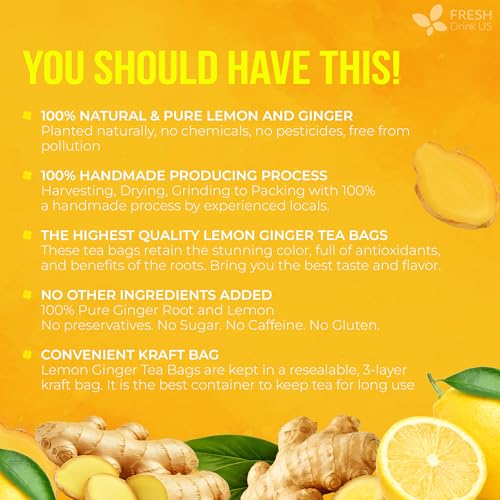 Image of FreshDrinkUS, Premium 150 Lemon Ginger Tea Bags, 100% Natural Ingredients, Hand-made Blend of Lemon and Ginger, Eco-conscious Tea Bags. No Sugar, No Caffeine, Vegan.