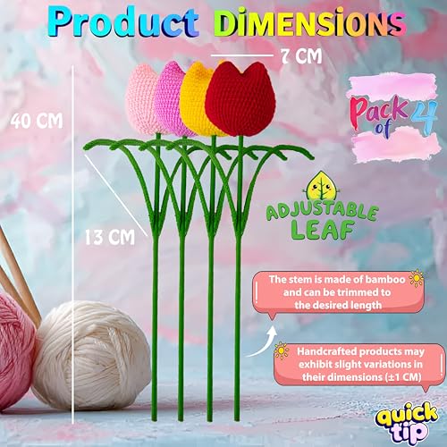 Image of Tulip Crochet Flowers | Handcrafted Artificial Woolen Flower with Long Stem | Natural Looking Knitted Flower for Home, Living Room, Vase & Bouquet Decoration & Gifting |Red-Yellow-Pink-BabyPink