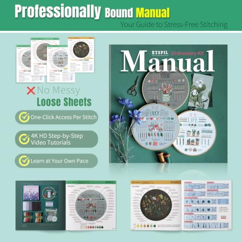 Image of ETSPIL Embroidery Kit for Adults, 2 Hoops, 4K Slow-Mo, Pre-Printed Patterns | Stitch Together. 17 Vibrant Floss, Bound Guide. Needle Minder, Storage Tube, All Tools. No Washing. Relaxing Craft for Women