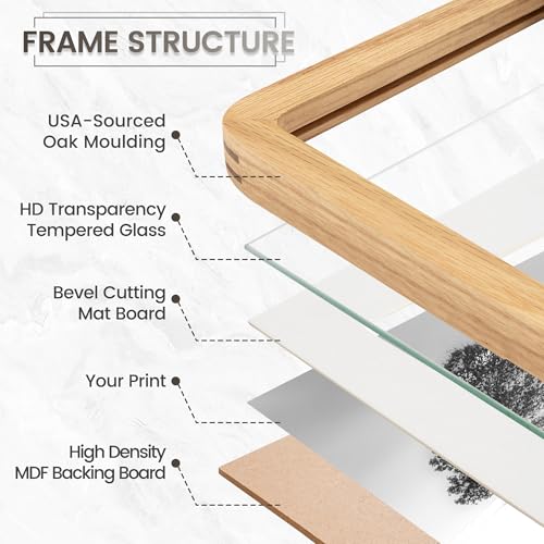 Image of 16 x 20 Picture Frame, USA-Sourced Natural Oak Wood Photo Collage Frame with HD Tempered Glass, 16x20 Wooden Frame Matted to 11x14, Vertical & Horizontal Wall Hanging Display