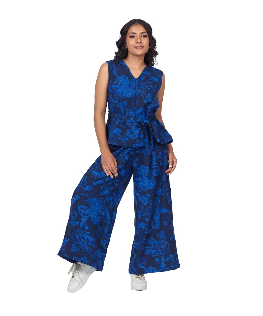 Women’s Black & Blue Floral Printed Linen Co-ord Set with Waist Belt