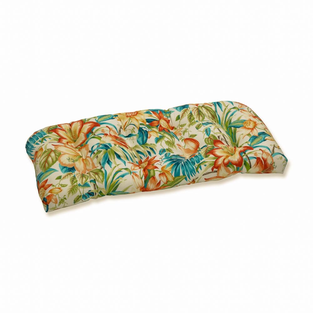 pillow perfect tropic floral indoor/outdoor sofa setee swing cushion, tufted, weather, and fade resistant, 19" x 44", blue/green botanical glow, 1 count