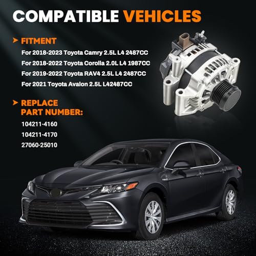 Image of 100A High Output Alternator Compatible with Toyota Camry 2018-2023 2.5L, Corolla 2018-2022 2.0L, RAV4 2019-2022 2.5L, Avalon 2021 2.5L, 12V Replace#104211-4160, 104211-4170, 27060-25010