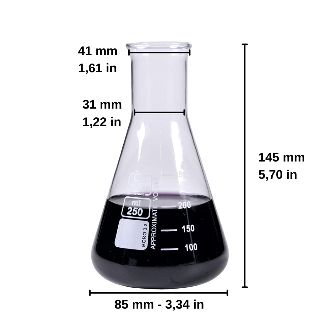 ISOLAB USA - Set di boccette Erlenmeyer in vetro trasparente - collo stretto - 3 misure - 50 ml, 100 ml e 250 ml (50/150/250 ml, vetro borosilicato, 3)