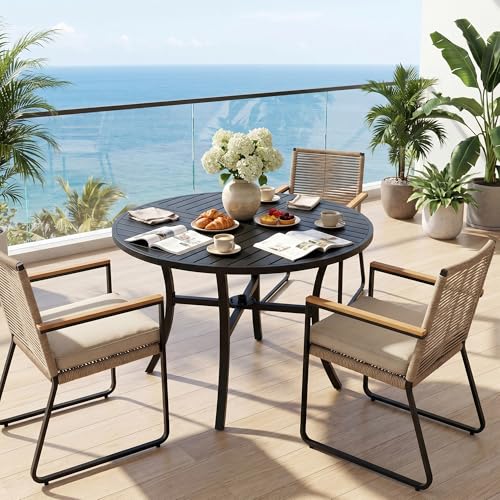 Hawthyhome Gartentisch Runder mit Zylindrischem Schirmloch Durchmesser 110 cm Gartentisch Wetterfest Outdoor Esstisch für 2-4 Personen Partytisch Balkontisch Metallrahmen Schwarz