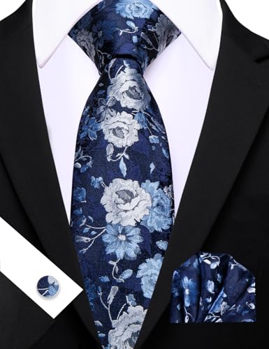 Image of Barry.Wang Flower Ties for Men Handkerchief Cufflinks Set Wedding Necktie Set Party