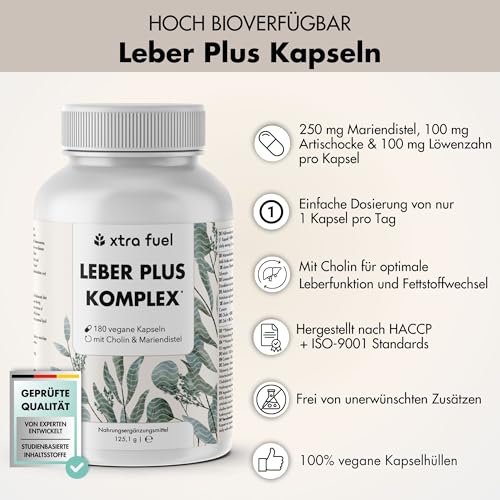 Leber Komplex - 180 Kapseln hochdosiert - mit Mariendistel (80% Silymarin), Artischocke, Löwenzahn & Cholin für die normale Funktion der Leber - laborgeprüft, vegan & zertifiziert