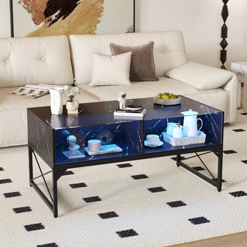 GOPLUS Table Basse Laquée Marbre Verre, Table Basse Salon LED Lumières avec Télécommande 20 Couleurs Réglables 4 Cubes, Plateau en Faux Marbre et Verre...