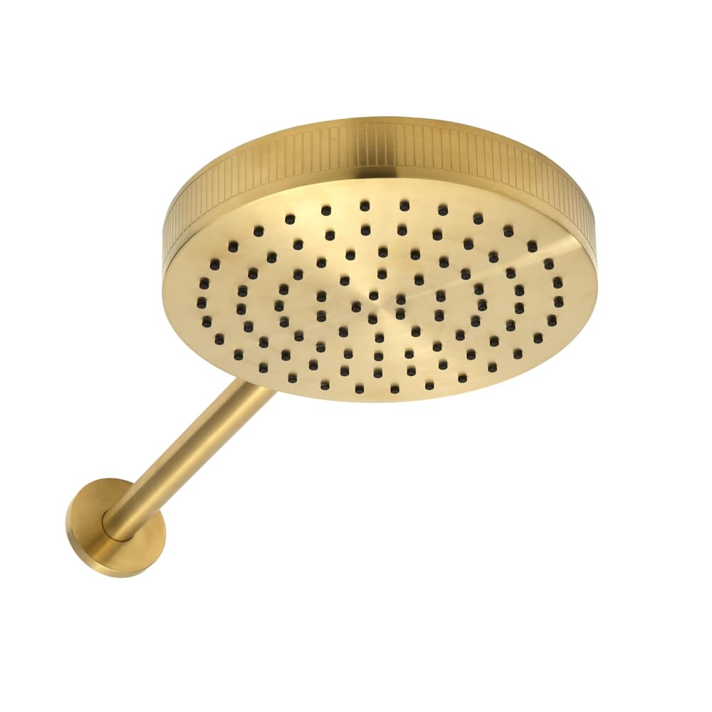 Milano Brushed Brass Lune 250Mm Round Fixed Rainfall Shower Head Wall Mounted Arm