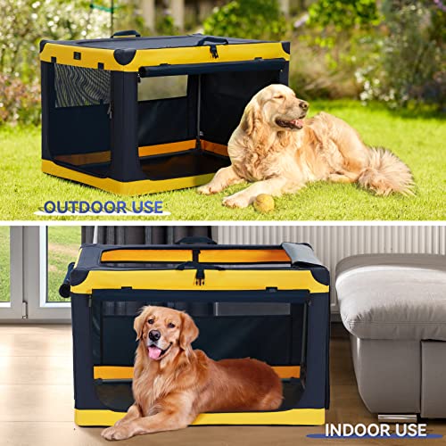 A 4 Pet Hundebox faltbar große Hunde, Hundebox für zuhause tragebar Hundetransportbox Transportbox Hund, leicht zu verstauen mit montiertem Aluminium Rahmen, einstellbare Kompatibilität(XL, Gelb)