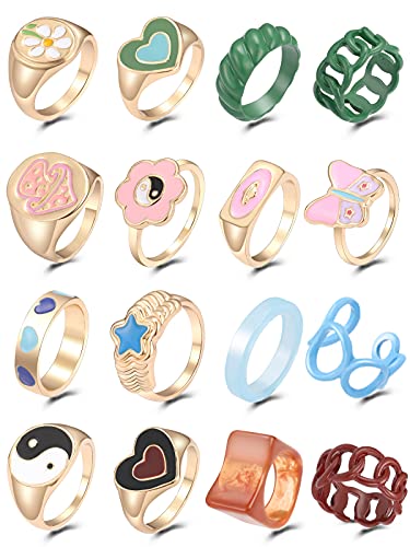 Chunky Y2K Colorful Rings for Women Teen Girls,Blue Silver Enamel Rings,Cute Rings Jewelry ,Trendy Smiley Face Flower Heart Ying Yang Rings,12 pcs Aesthetic Statement Stackable Ring Set (colorful y2k rings)
