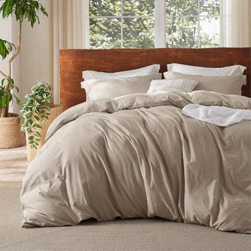 Bedsure 100% Washed Cotton Duvet Cover King Size - Frosted Almond Minimalist Cotton Duvet Cover Linen Like for All Seasons - GentleSoft™ Plain Simple Bedding (Frosted Almond, King, 104"x90")