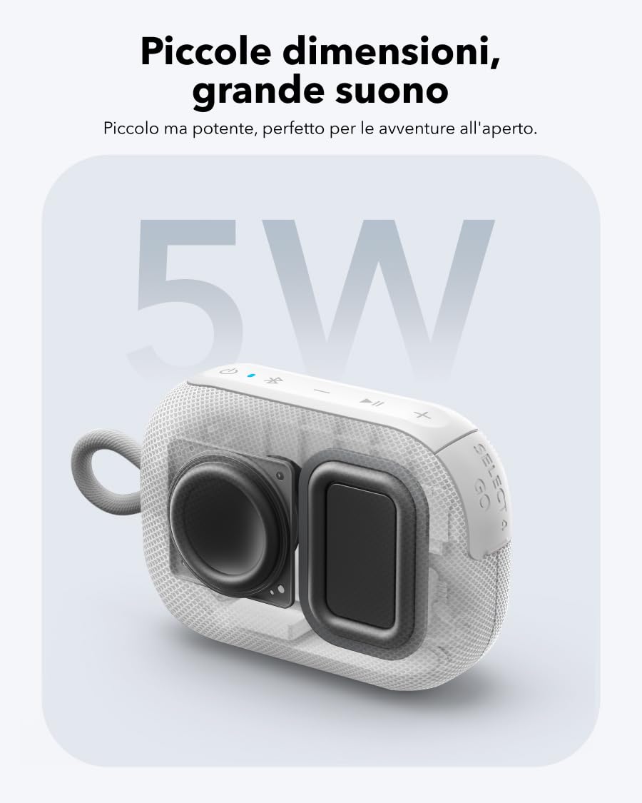 Soundcore Select 4 Go cassa bluetooth ultra portatile, cassa doccia, suono potente da 5W,fino a 20 ore di riproduzione, IP67, mini cassa bluetooth, galleggiante, ideale per escursioni
