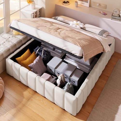 Lubvtti Letto imbottito 140 x 200 cm, letto matrimoniale, senza testiera, materasso idraulico con contenitore, tessuto di lino, Beige (materasso non incluso)