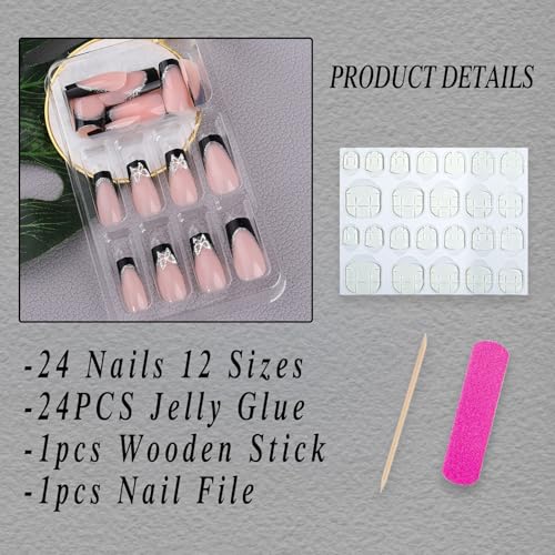 Rofibut Black French Tip Press On Nails Long Coffin Fake Nails With Butterfly Charms Square Black False Nails 3D Silver Butterflies Rhinestones Glitter Nail Tip Design Acrylic Glue On Nails For Women Girls thumb #1