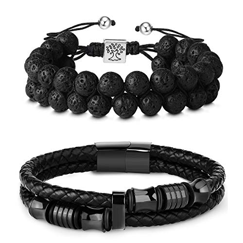 Fibo Steel 2 Pcs Mens Leather Cuff Bracelet Lava Rock Bead Bracelets Set Cool Wrist Jewelry #TOP1