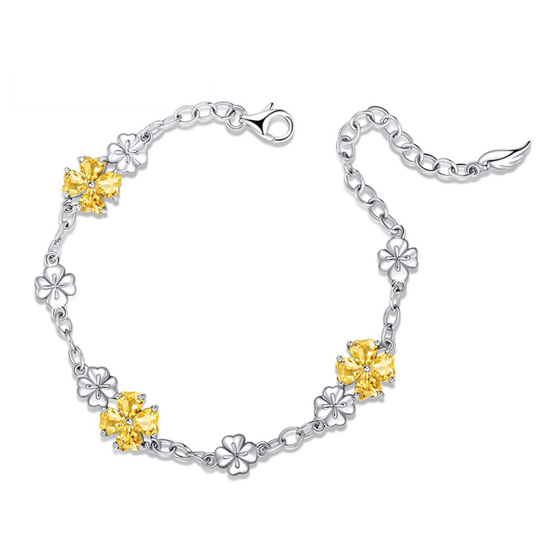 JIANGXIN Lucky Four leaf clover 925 Sterling Silver Birthstone Chain Link Bracelet for Women Gemstone Jewelry Shamrock Birthday Gift 16+4cm