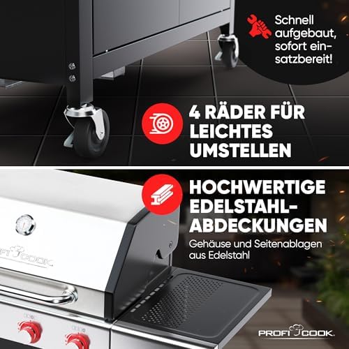 Bild 5 - ProfiCook® Gas-grill für Temperaturen bis zu 450°C | 2 Power-Zonen | Roste aus echtem Gusseisen | Gasgrill 4 Brenner | Temperaturanzeige | Flaschenöffner | 4 Brenner | Gasgrill Balkon | PC GG 1311