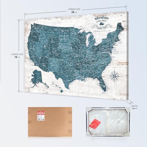 Image of IPIC - Antique Blue USA Travel Map, Pin Board Canvas Wall Art, Travel Map with Pins Included, Ready to Hang for Home or Office, 24x16 Inch