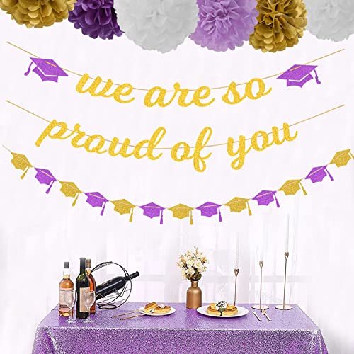 Image of Purple White-Gold Party-Decoration Graduation Banner - 8pcs Kits Cap Garland Streamers, Paper Tissue Pom Poms Flowers,We are So Proud of You Congratulations Grad 2024 Decor Lasting Surprise