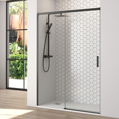 Mampara de Ducha Frontal Corredera 1 puerta Corredera + 1 fijo | Transparente | Cristal templado 6mm Antical | 195cm de Altura | Perfilería color Negro Mate | 100 cm (Adaptable 95-99cm)