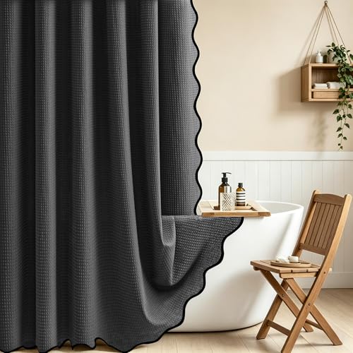 Dynamene Scalloped Shower Curtain Waffle Fabric 72x72 Charcoal Grey