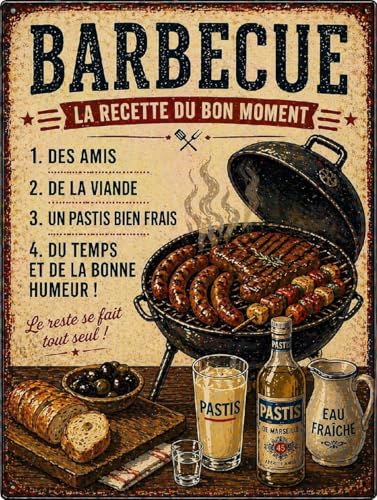 Plaque Métal Vintage “Barbecue – La Recette du Bon Moment” – Déco BBQ Apéro – Plaque Murale Cuisine Extérieure – Idée Cadeau Jardin Terrasse...