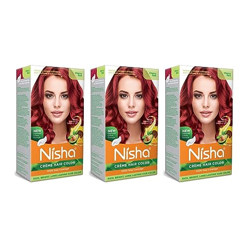 Nisha Creme Permanent Hair Color 100 percent Gray Coverage Hair Dye Easy to Apply Long Lasting Hair Colouring For Ultra Soft Deep Shine Conditioning With Natural Herbs Pack of 3 (Cherry Red)