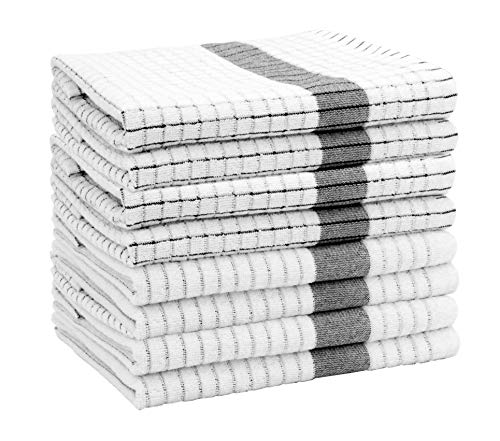 COTTON CRAFT - 8 Pack - Pantry - Euro Style Check & Stripe - Waffle Weave Terry Kitchen Towels - 20x30 Inches - Black - 450 GSM - Ringspun 2 Ply Cotton - Highly Absorbent Low Lint - Multi Purpose