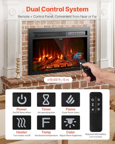 Image of VEVOR Electric Fireplace Insert, 26 inch Recessed and Wall Mounted with Adjustable Flame Color Brightness & 8h Timer & Remote Control, Indoor Heater w / 750W /1500W Dual Heating Modes, 5000BTU Black