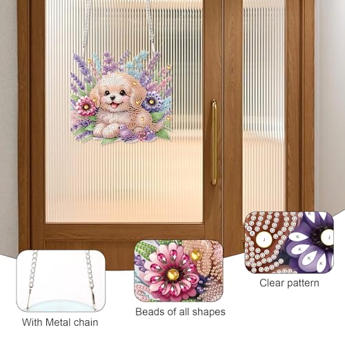 Image of AiYuanzsh 5D Diamond Painting Hanging Pendant Kit with Chain, Cute Dog DIY Crystal Rhinestone Diamond Art Suncatcher Ornament for Window, Door, Wall, Home Decor Gift (25.2x23.8 cm)