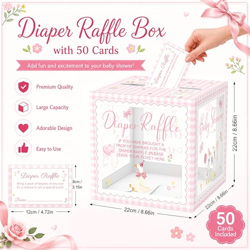 Image of 51 Pcs Goose Diaper Raffle Tickets with Box, Cute Goose Baby Shower Games, Diaper Raffle Cards and Clear Card Box for Gender Reveal Party Decorations and Baby Shower Supplies