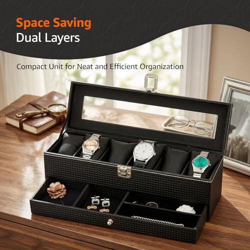 Image of Amazon Basics Sliding Drawer 6-Slot Watch and Jewelry Organizer - Faux Leather & MDF Storage Box for Men and Women, Black