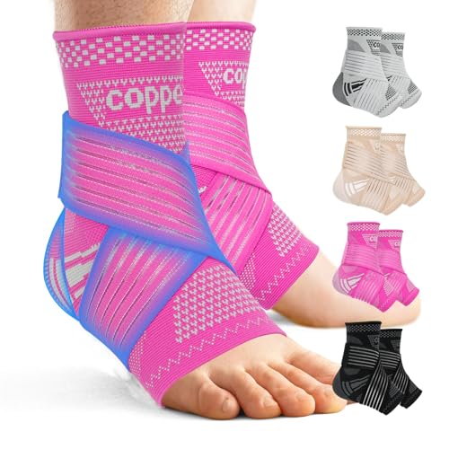 DRNAIETY Copper Ankle Brace for Men &amp; Women - 1 Pair Adjustable Ankle Support Compression Sleeve for Plantar Fasciitis, Achilles Tendonitis, Foot Pain, Swelling, Sprains - Everyday Use (Purple, Medium)