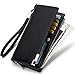 Huztencor Long Wallet Genuine Real Leather RFID Blocking Men Checkbook Cover Holder Passport Travel Wallet Western Zipper Strap Carbon Fiber Black