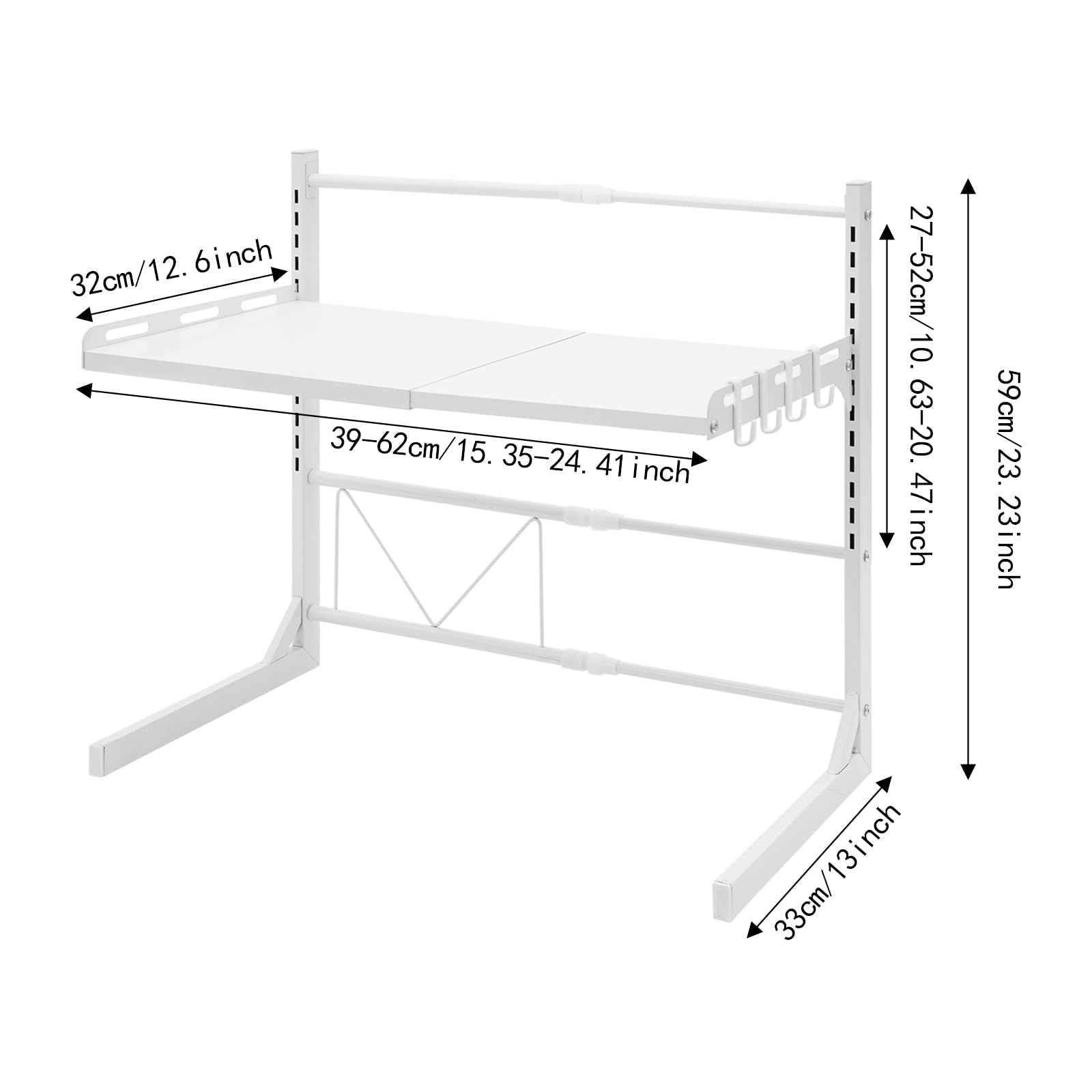 Étagère extensible pour micro-ondes avec 4 crochets, 2 niveaux, hauteur réglable de 27 à 52 cm, support pour micro-ondes, boulangerie, organisateur pour plans de travail de cuisine, blanc