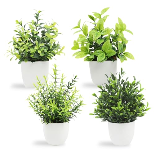 IHCEMIH Fake Plants Set of 4 Pack Small Artificial Plants Indoor Potted Faux Greenery Mini Decorative Plastic Rosemary Plant Pots for Home Decor Office Desk Shelf Bathroom Bedroom Living Room