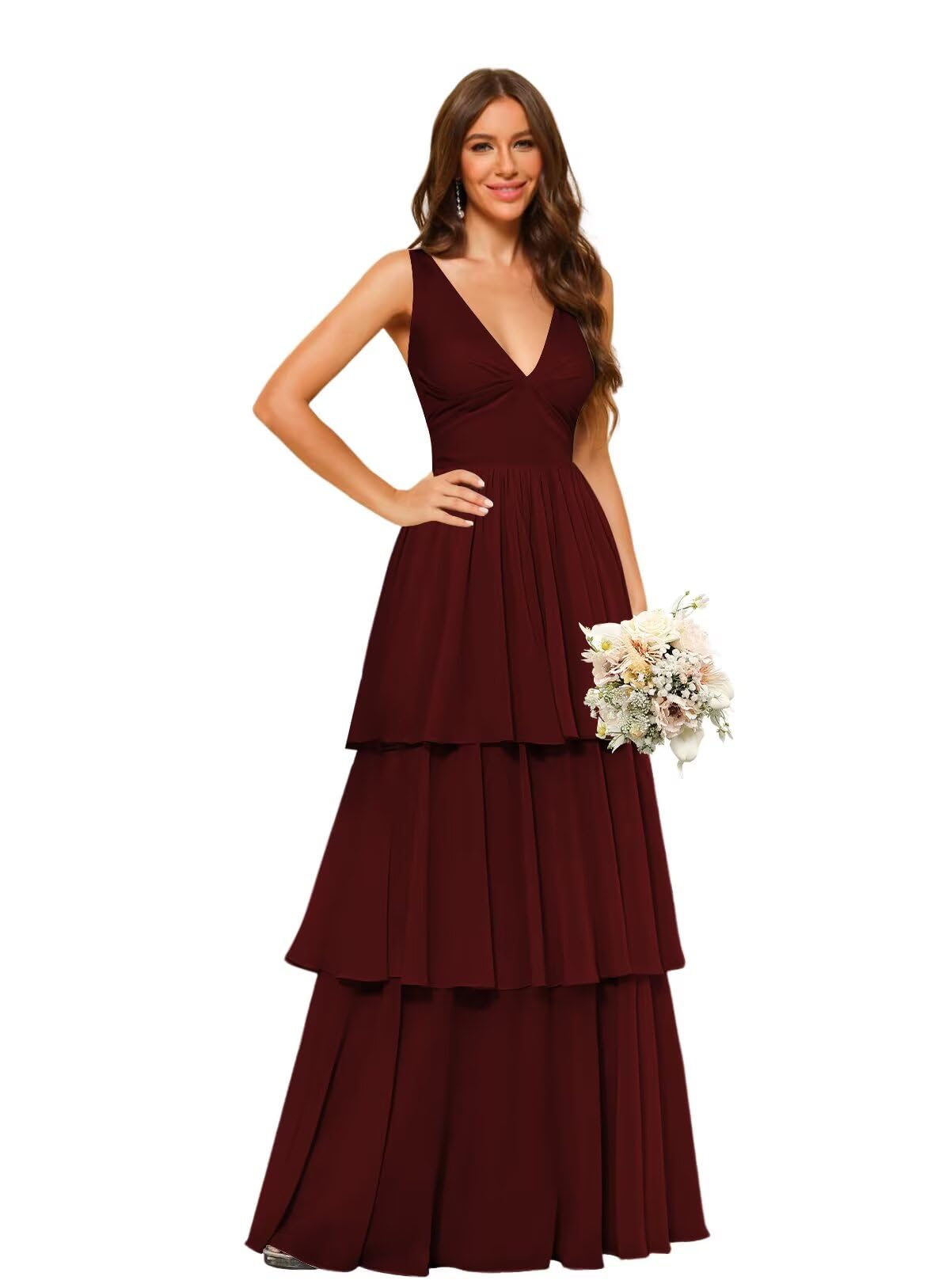 Stylefun Tiered Ruffles Bridesmaid Dresses Long A Line 2026 V Neck Formal Evening Dress with Ruffles STN009